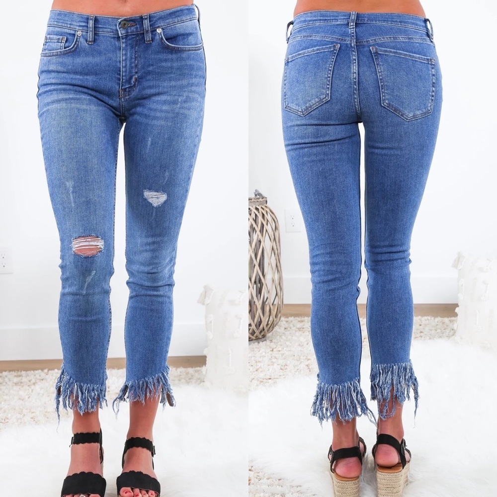 Free People Raw Hem Fringe High Rise Denim Blue Jeans Great Heights Size 27 Boho
